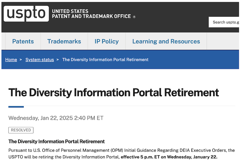 USPTO DEI portal announcement